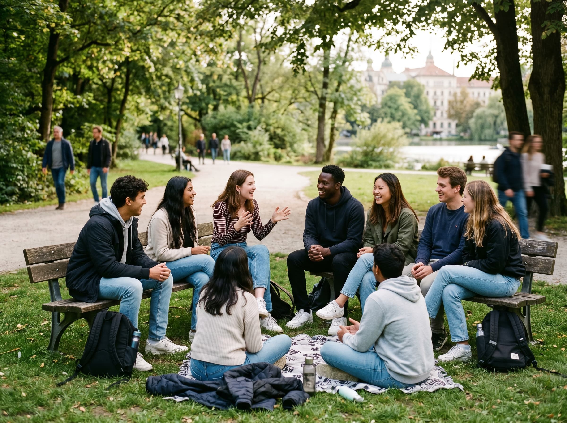 Junge Menschen im Gespräch im Park
